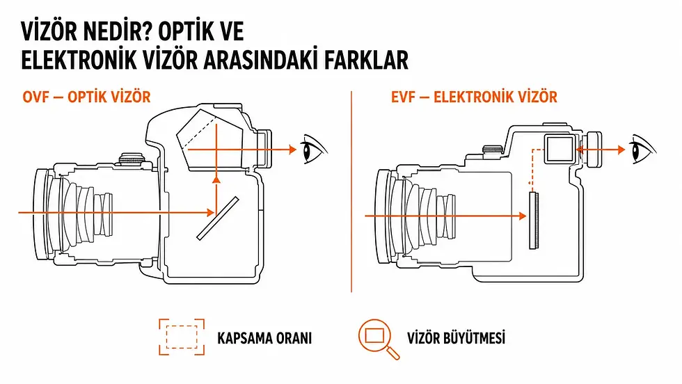 Optik vizör ve elektronik vizör çalışma sistemleri ile vizör kapsama oranı ve büyütmesini gösteren infografik