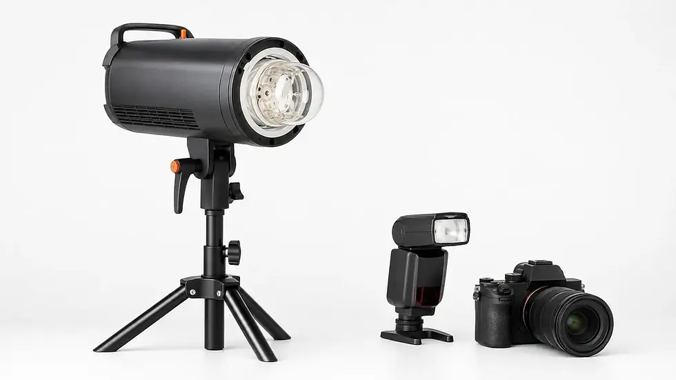 Büyük softboxlı stüdyo paraflaşı ile hot shoe uyumlu kompakt Speedlight flaşı ölçek ve kullanım biçimiyle karşılaştıran banner