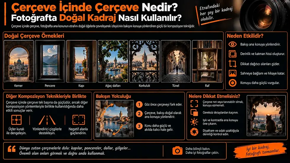 Kapı, pencere, kemer, ağaç dalları ve mimari öğelerle fotoğrafta çerçeve içinde çerçeve ve doğal kadraj kullanımını anlatan infografik