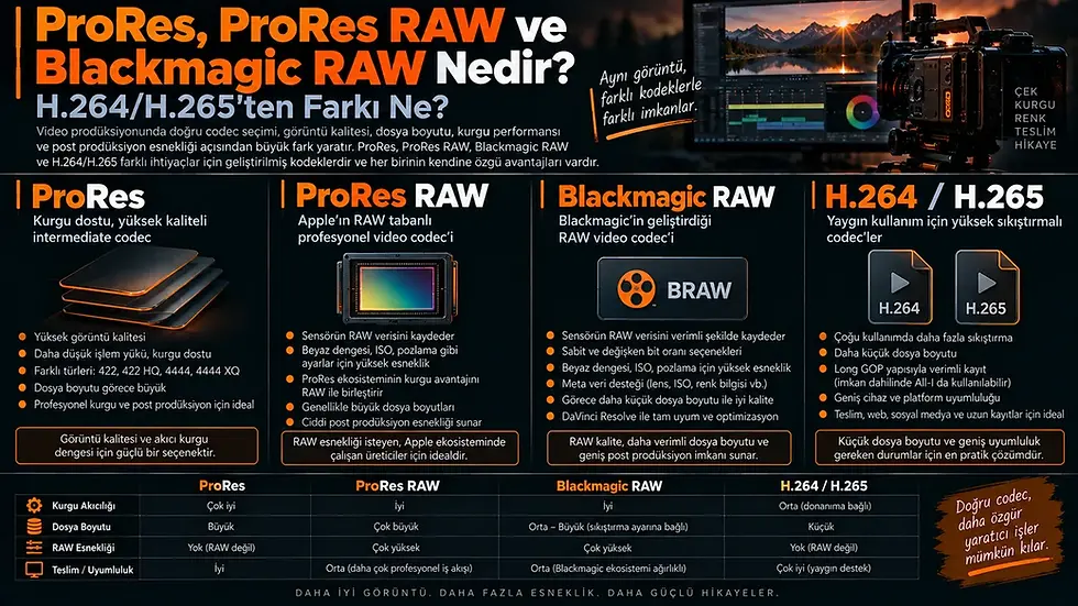ProRes, ProRes RAW, Blackmagic RAW, H.264 ve H.265 codec türlerini görüntü kalitesi, dosya boyutu, RAW esnekliği ve kurgu performansı açısından karşılaştıran infografik