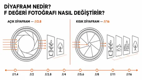 Açık ve kısık diyaframın ışık miktarı ile alan derinliğine etkisini gösteren infografik