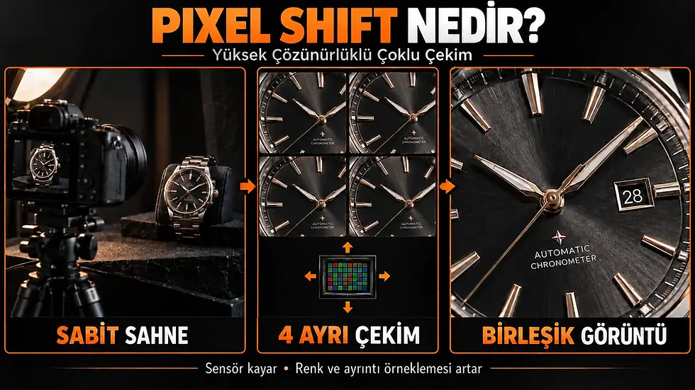 Aynı ürün sahnesinin sensörün dört farklı konumunda kaydedilerek yüksek ayrıntılı tek fotoğrafta birleştirilmesini gösteren Pixel Shift infografiği.