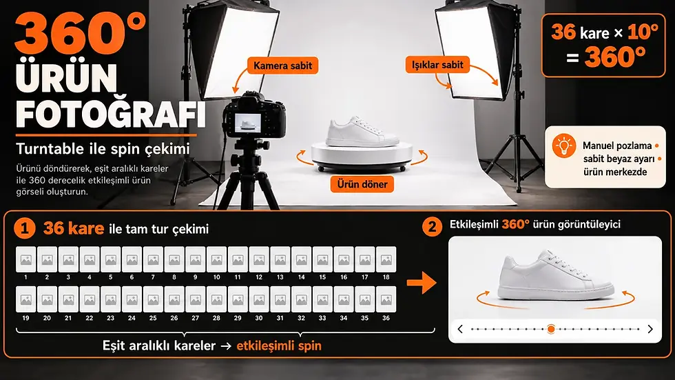 Döner platformdaki ürün, sabit kamera ve ışıklarla 36 karelik 360 derece spin fotoğraf çekiminin aşamalarını gösteren infografik.