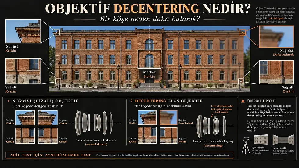 Mimari cephenin dört köşesinden yalnız sağ üst köşenin yumuşak olduğu çekimi, normal hizalı ve eksenden kaymış lens kesitleriyle karşılaştıran infografik.