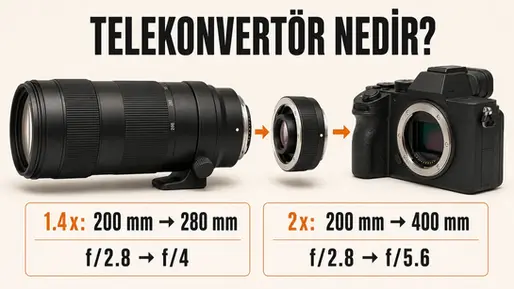 1.4x ve 2x telekonvertörün odak uzaklığı ile maksimum diyaframa etkisini gösteren infografik