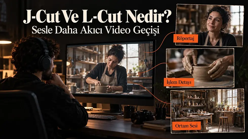 Röportaj, işlem detayı ve ortam sesi görüntülerini birleştiren kurgu çalışma alanıyla J-cut ve L-cut anlatımını gösteren infografik