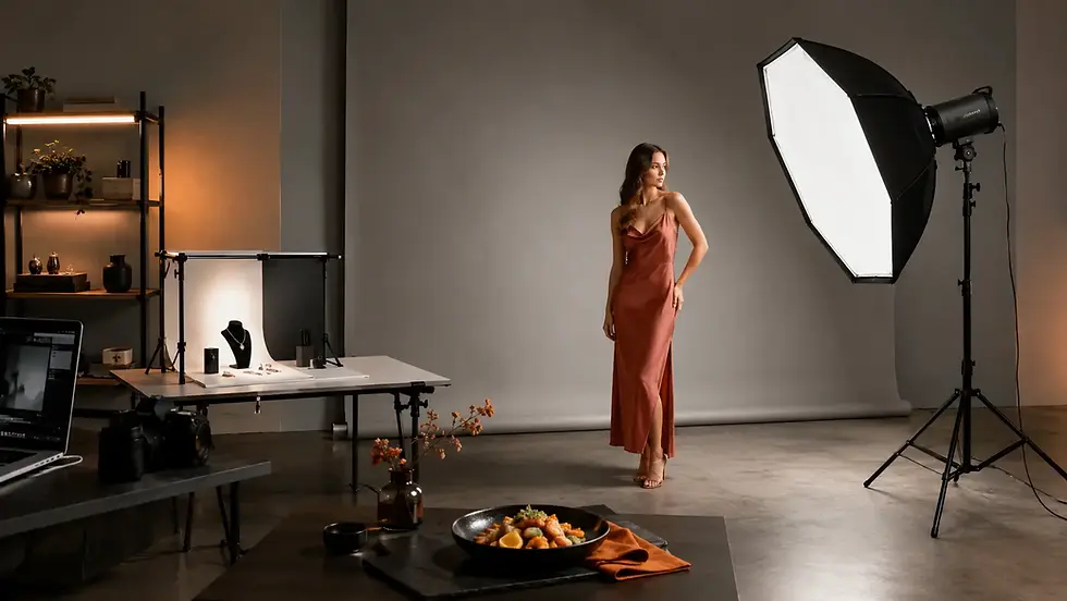 Takı, ürün, yemek, portre ve moda çekimleri için paraflaş gücü seçimini gösteren profesyonel fotoğraf stüdyosu