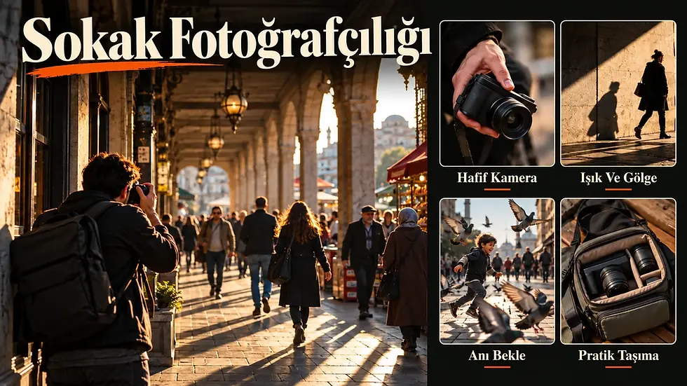 Sokak fotoğrafçılığında hafif kamera, ışık ve gölge, anı bekleme ve pratik çanta kullanımını gösteren infografik