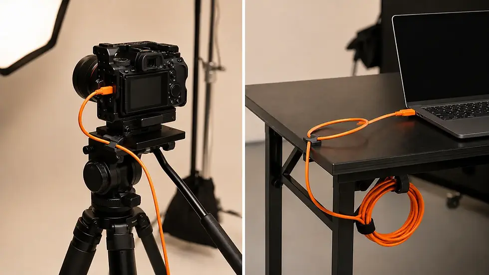 Kamera ve bilgisayar tarafında port koruması kullanılan güvenli tethering kablosu kurulumu