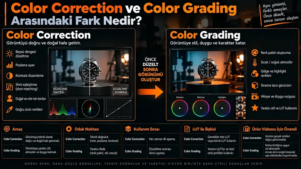 Color correction ve color grading farkını beyaz dengesi, pozlama, renk tekerlekleri, LUT ve ürün videosu iş akışı üzerinden karşılaştıran infografik