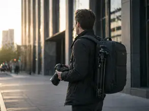 Şehirde çekime hazırlanan fotoğrafçı, kamera çantası ve tripod ile profesyonel ekipman taşıma