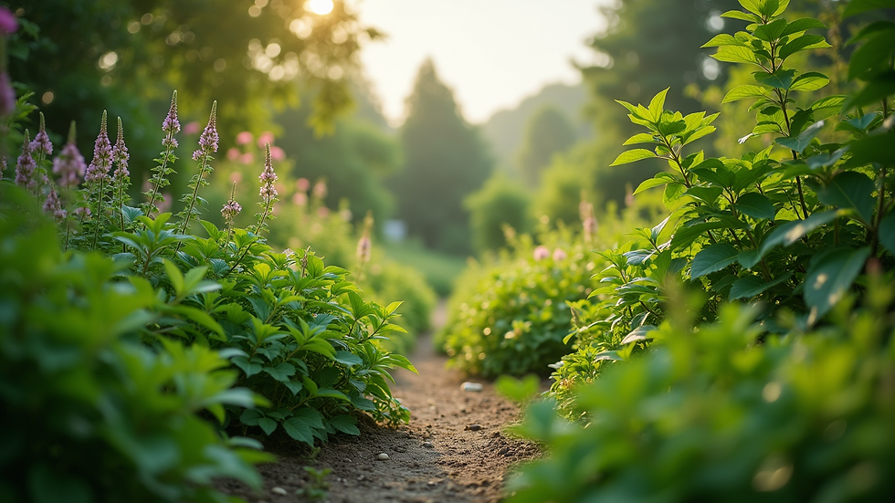Eye-level view of a lush green garden with diverse plants