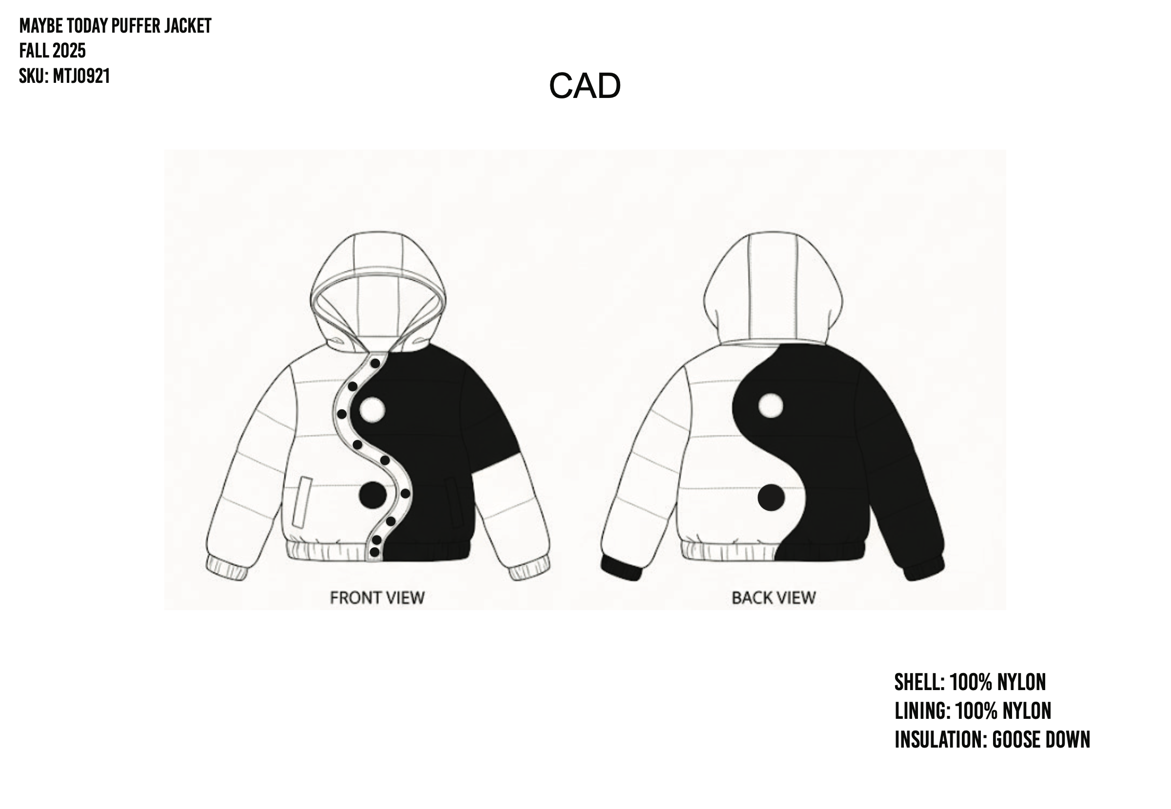Maybe Today puffer jacket CAD, front and back view