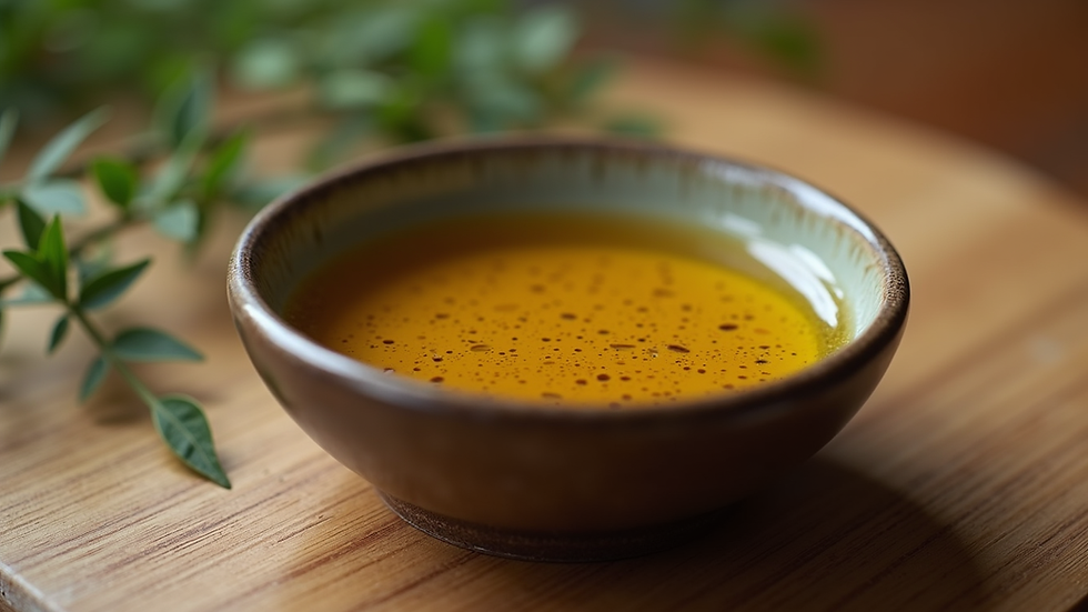 Close-up view of a small bowl filled with golden hemp oil
