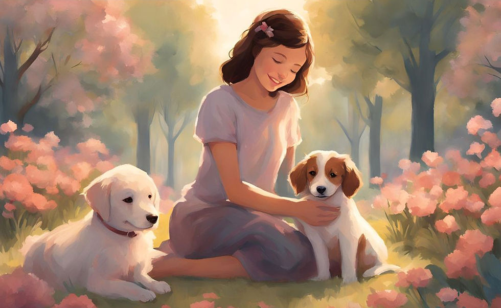 girl basking in sun with cute puppies