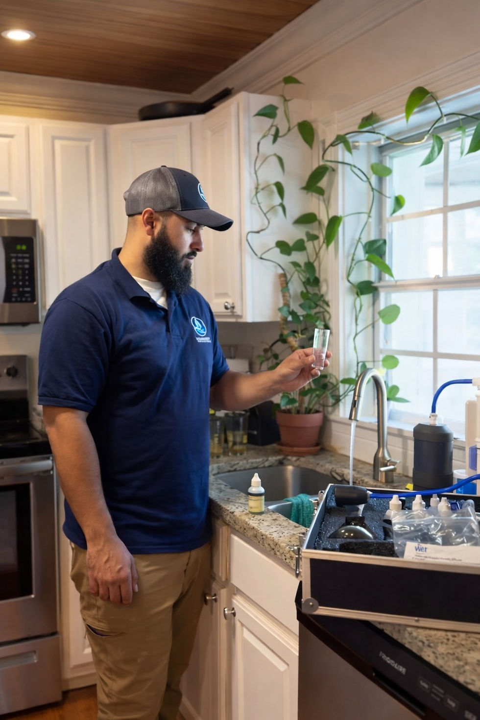 ClearQuest technician checking a water sample at a Florida kitchen sink during a free in-home water test