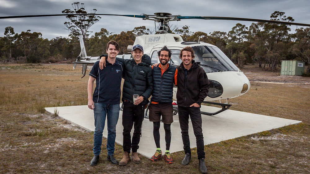 Pascal, Churchy, myself and Bennie with Jacky Boy the choppper at Freycinet Air Scenic Flights