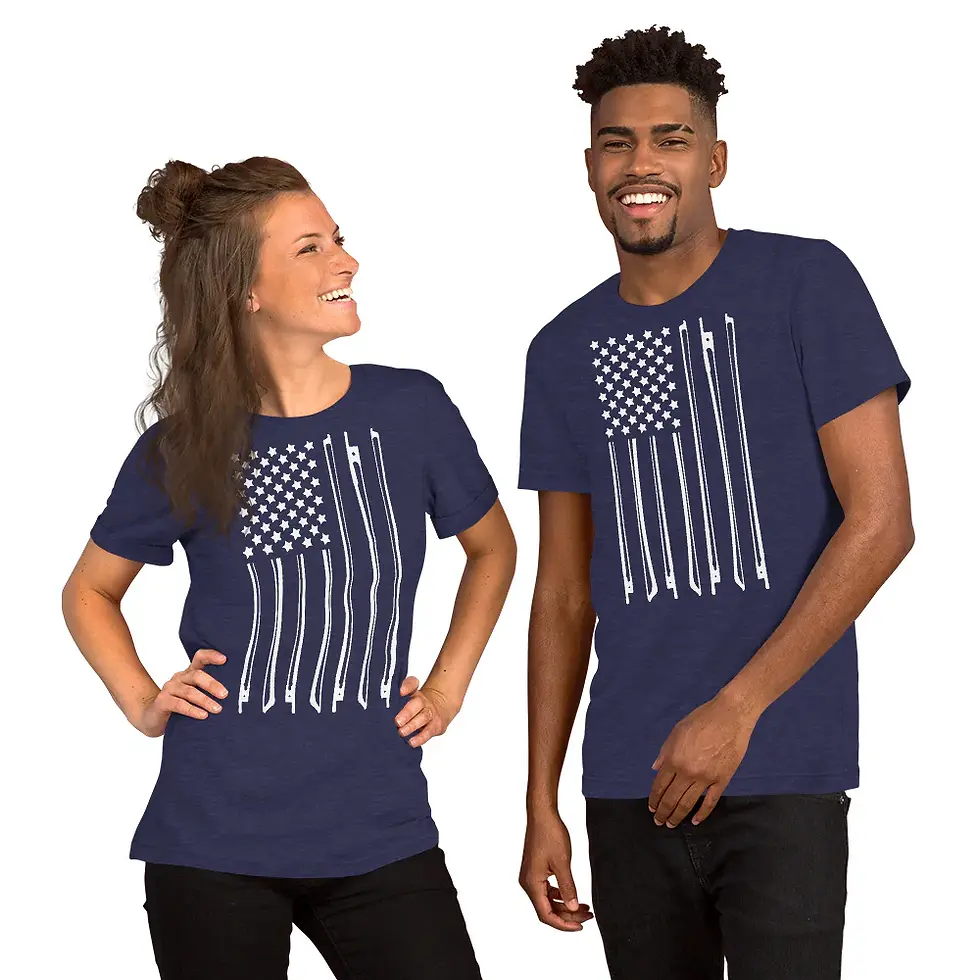 Two models wearing navy shirts with an American flag design smiling.