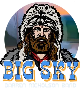 Mountain man with fur hat and beard, text reads BIG SKY, against background.