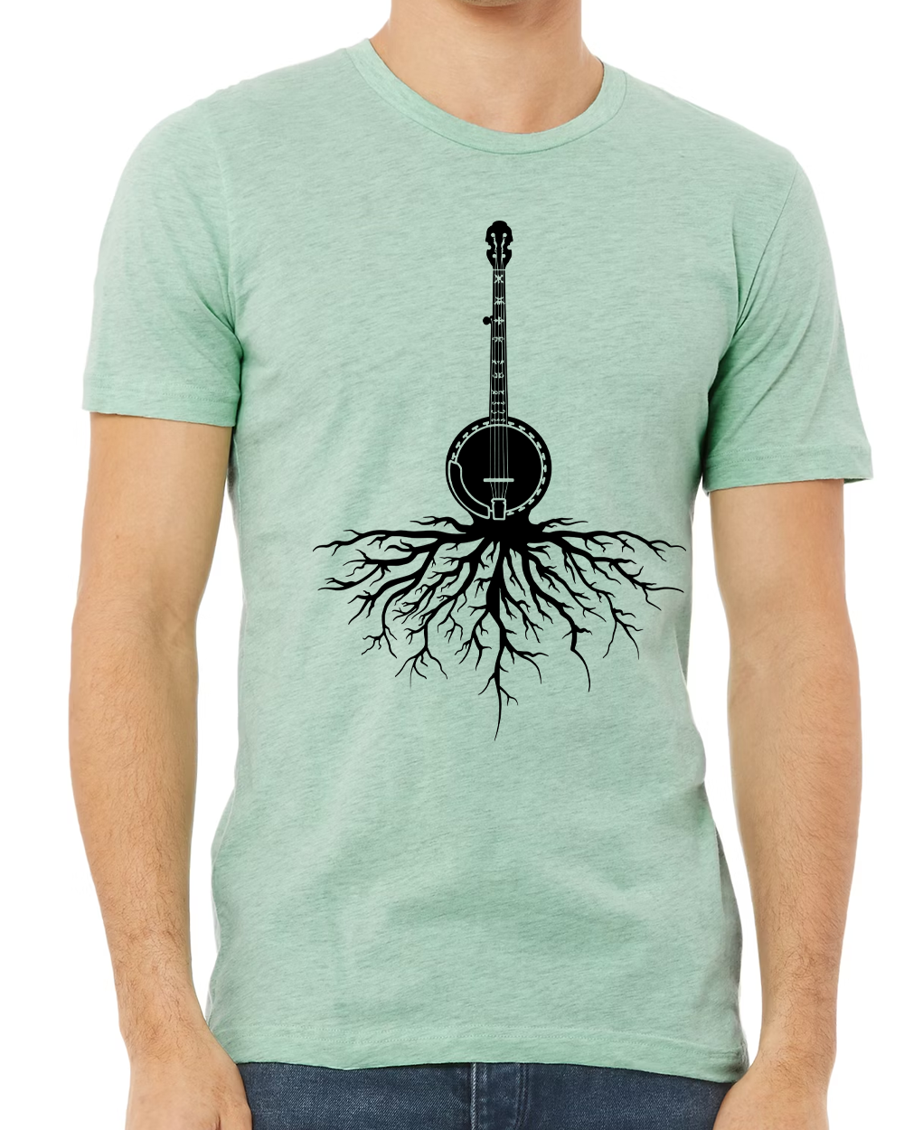 Man wearing DNB x Pluck It! "Banjo Roots" Mint Tee, banjo root design