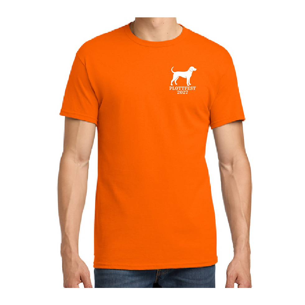 Full front view of bright orange PlottFest 2027 t-shirt on a person, showing small white dog logo on chest, portrait