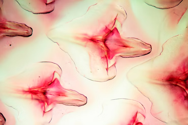 Microscopic image of shark scales. Abstract pink and red floral shapes on a light background, resembling a kaleidoscope pattern. Soft, organic, and symmetrical design.