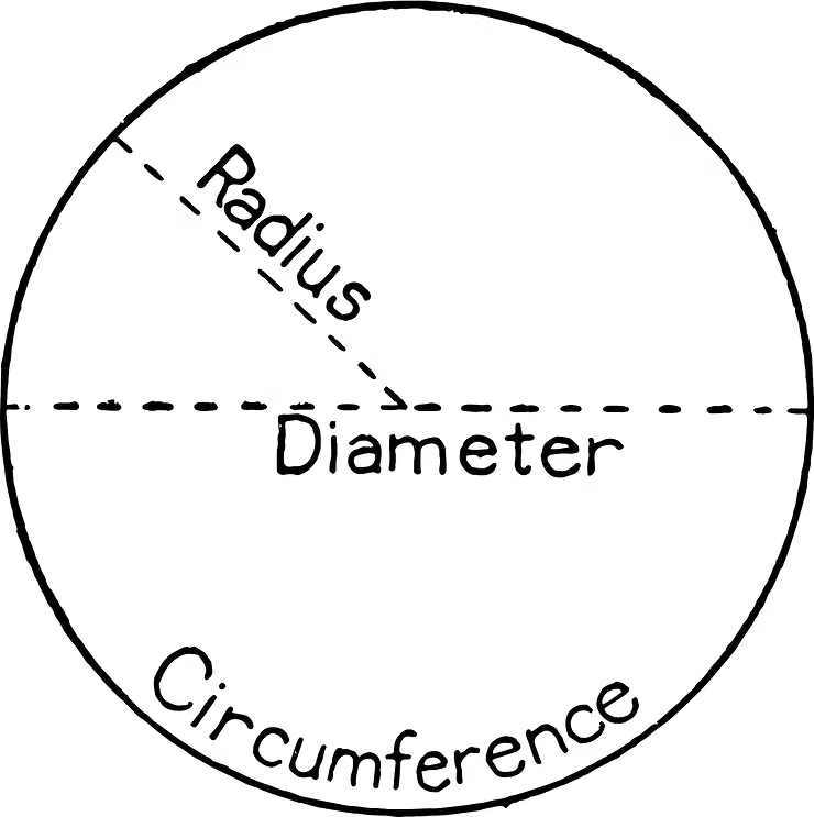 Diagram of a circle with labels: Radius, Diameter, and Circumference. Dashed lines highlight radius and diameter, forming a geometric guide.