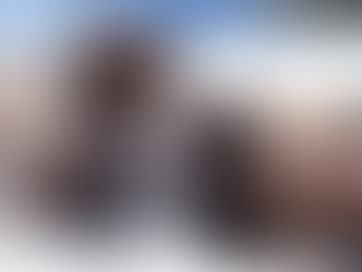 Bison covered in snow stand in a snowy field. The lead bison looks forward, flakes on its fur. Others follow close behind. Winter scene.