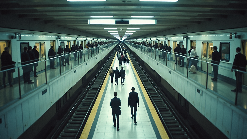 High angle view of a transit station showing multiple levels and organized passenger flow