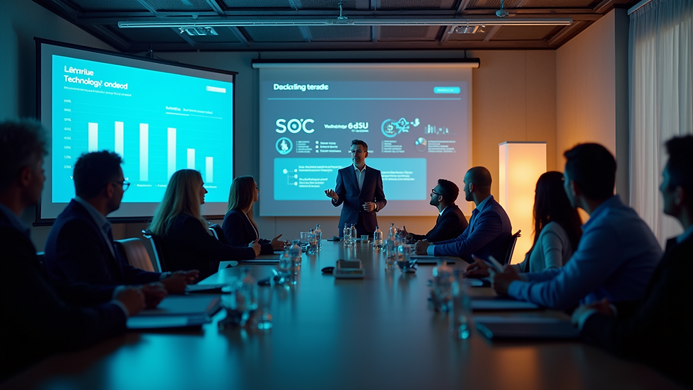 High angle view of a conference room with a presentation on technology trends