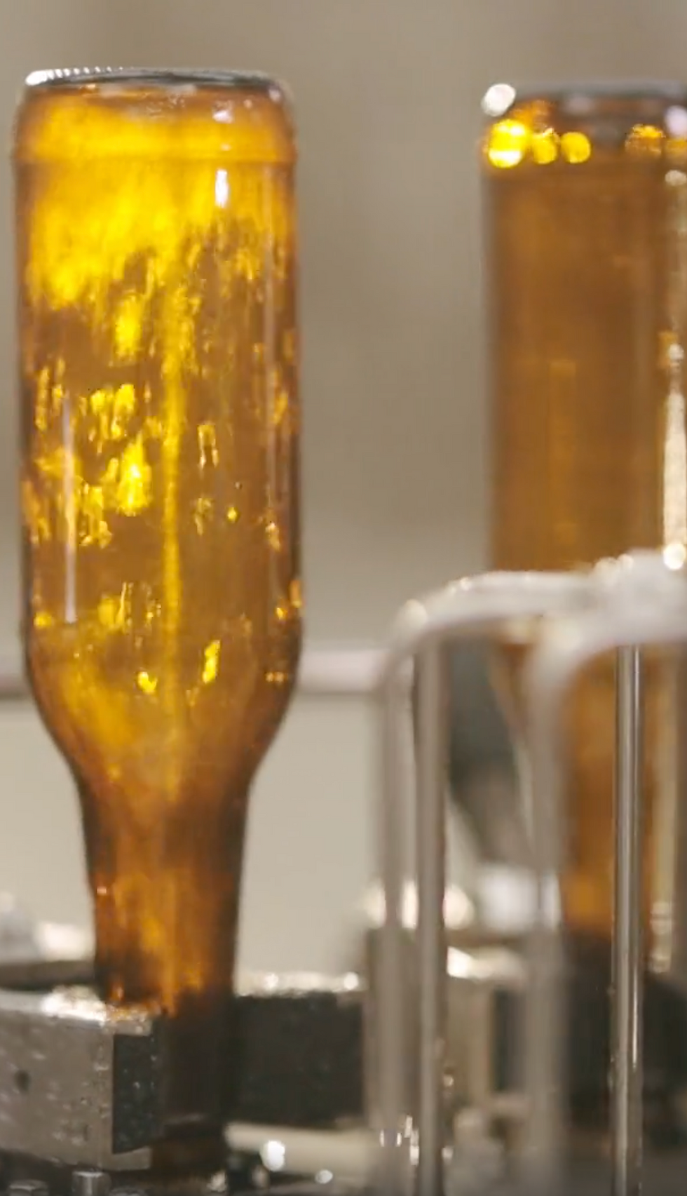 Brown glass bottles being washed on an automated production line.