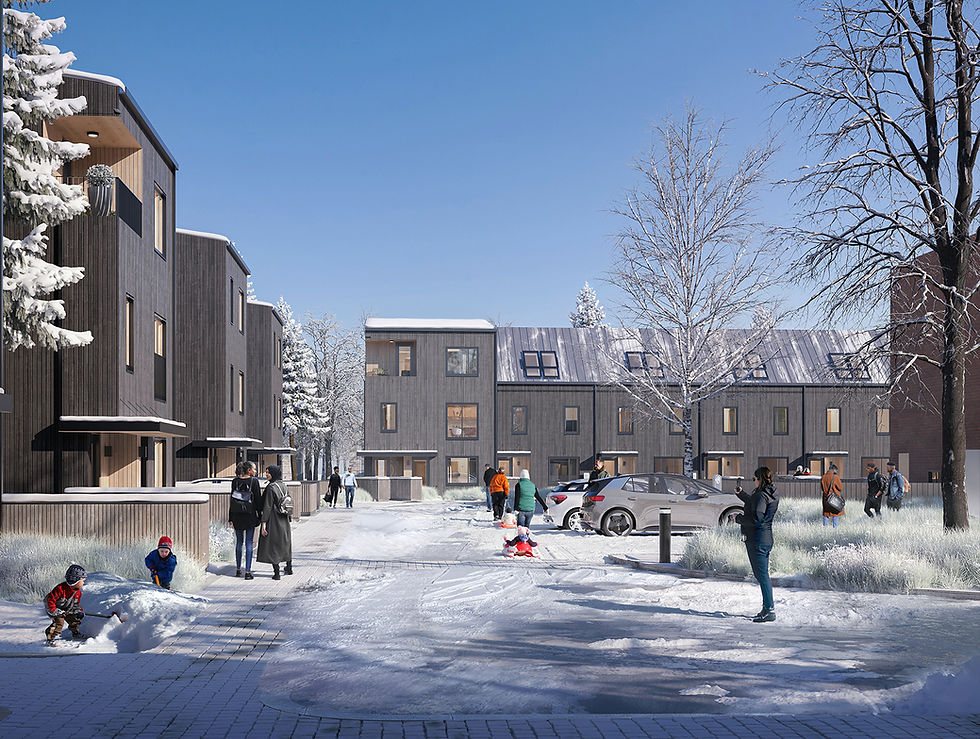 Rendering of a snowy residential courtyard with three‑storey buildings and people walking, playing, and gathering in the outdoor space.