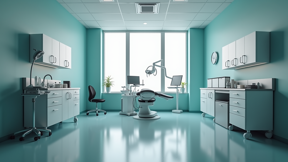 Eye-level view of a modern clinic room with a comfortable chair and medical equipment