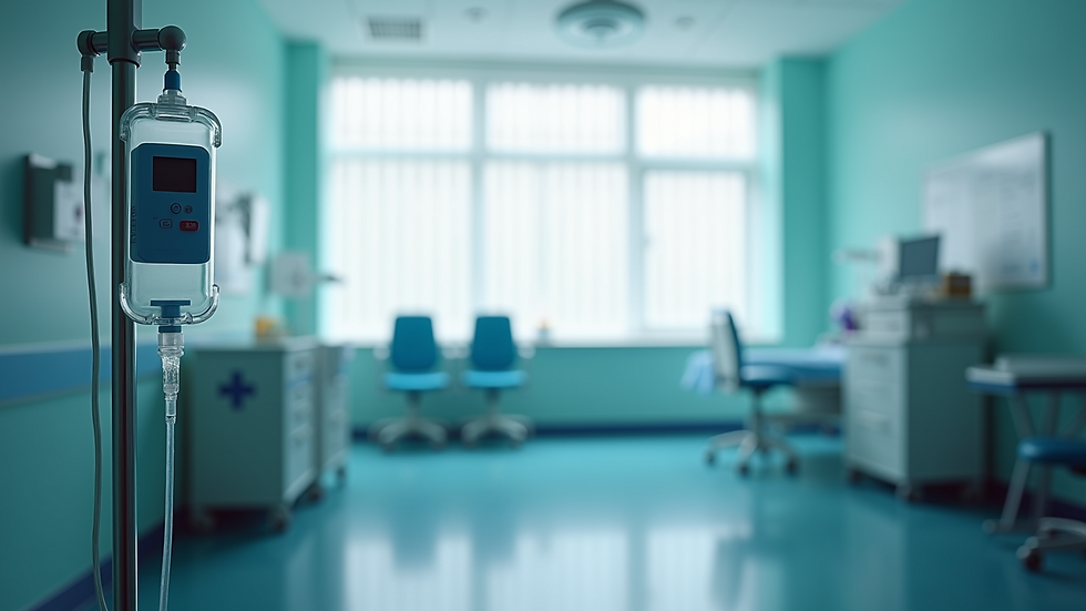 Eye-level view of a modern clinic room with IV drip setup