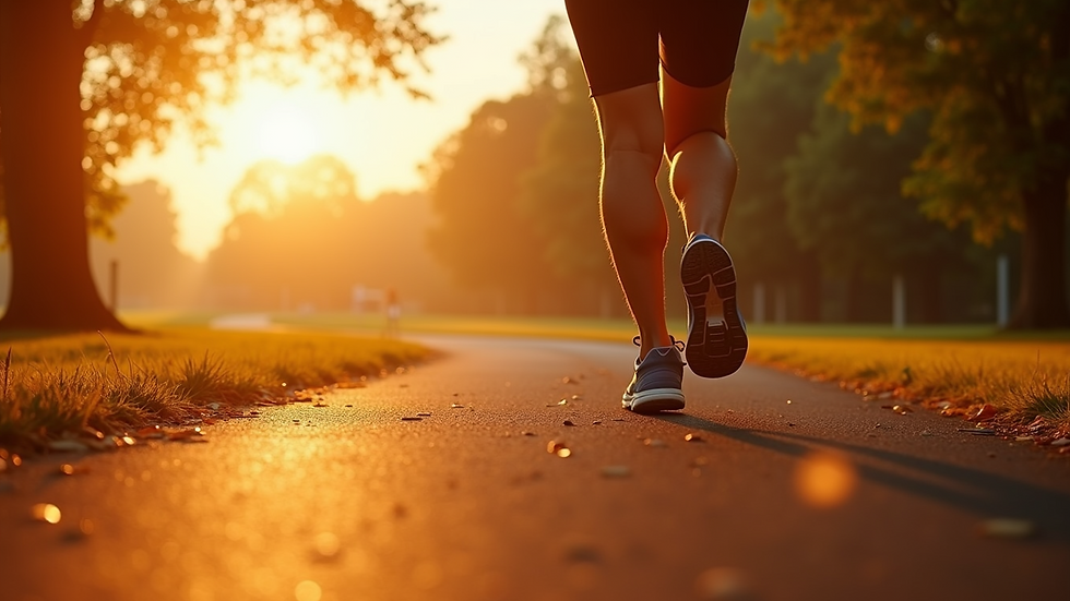Eye-level view of a person jogging in a park during sunrise