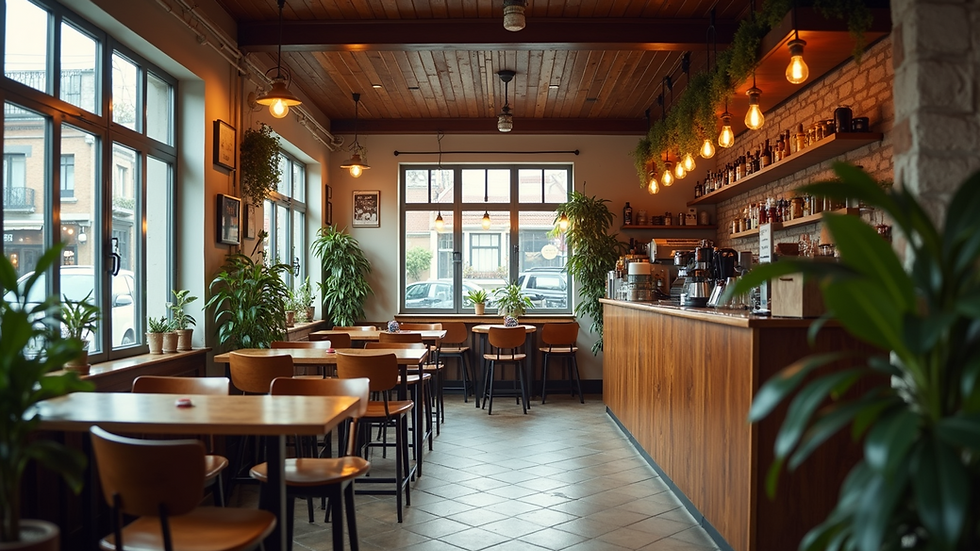 Wide angle view of a small cozy café interior with a creative vibe