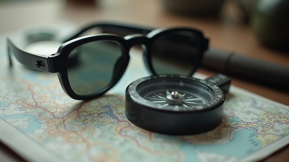 High angle view of tactical sunglasses resting on a map and compass