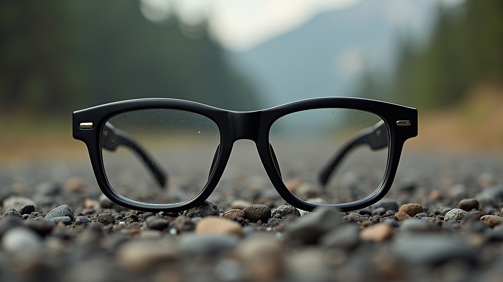 Close-up view of tactical glasses with clear lenses on a rugged surface