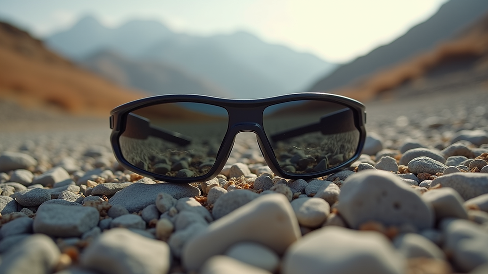 Eye-level view of tactical sunglasses with wraparound design on a rocky terrain