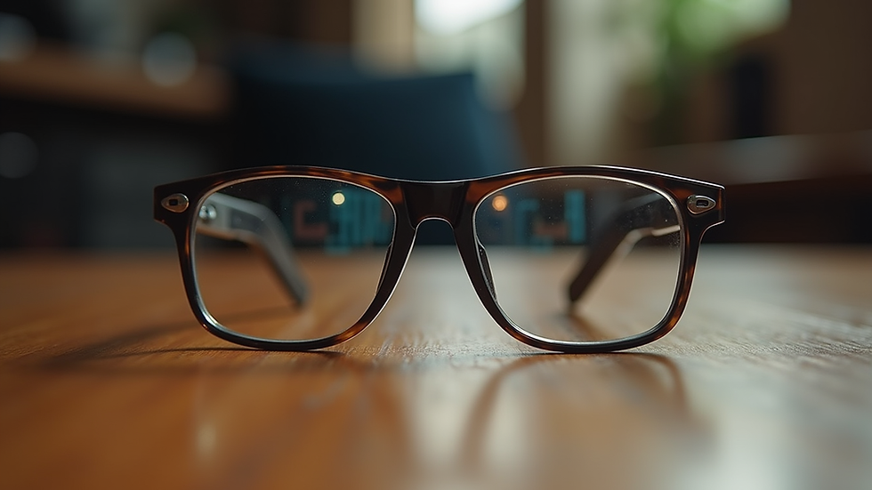 Eye-level view of tactical shooting glasses resting on a wooden table