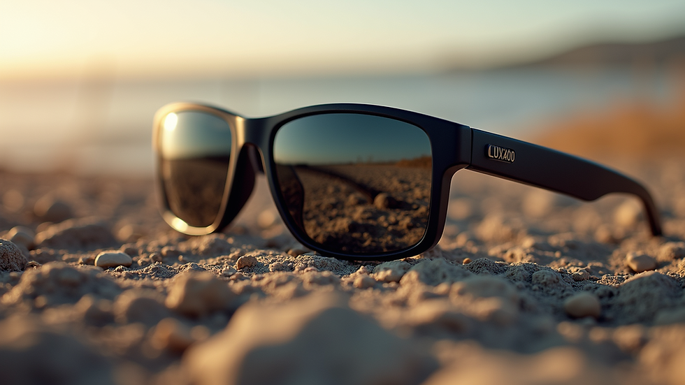 Close-up view of durable tactical sunglasses with UV400 lenses on a rugged outdoor surface