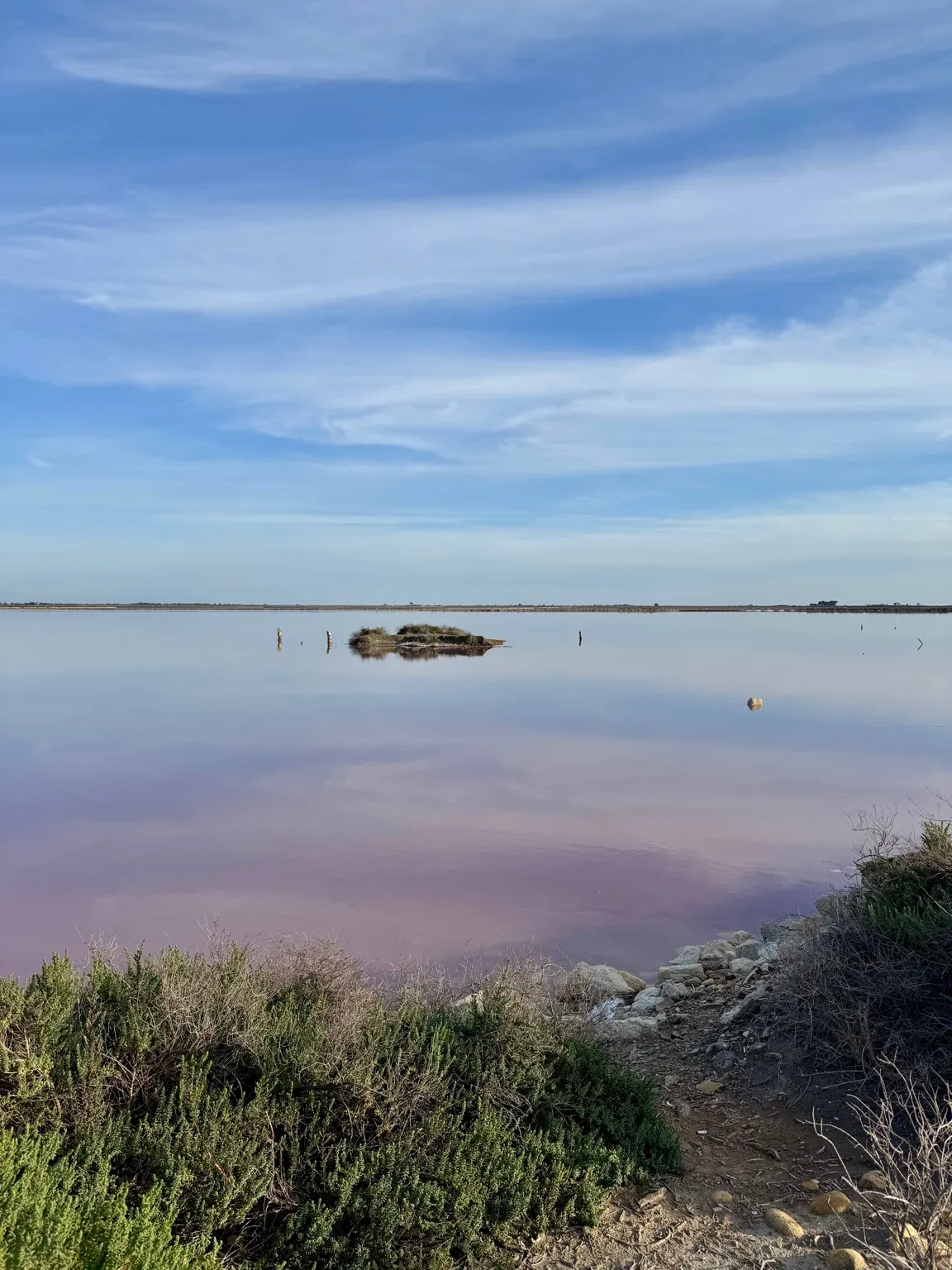 Słone jezioro w Camargue o delikatnie różowym odcieniu, otoczone roślinnością i kamienistą ścieżką prowadzącą do wody.