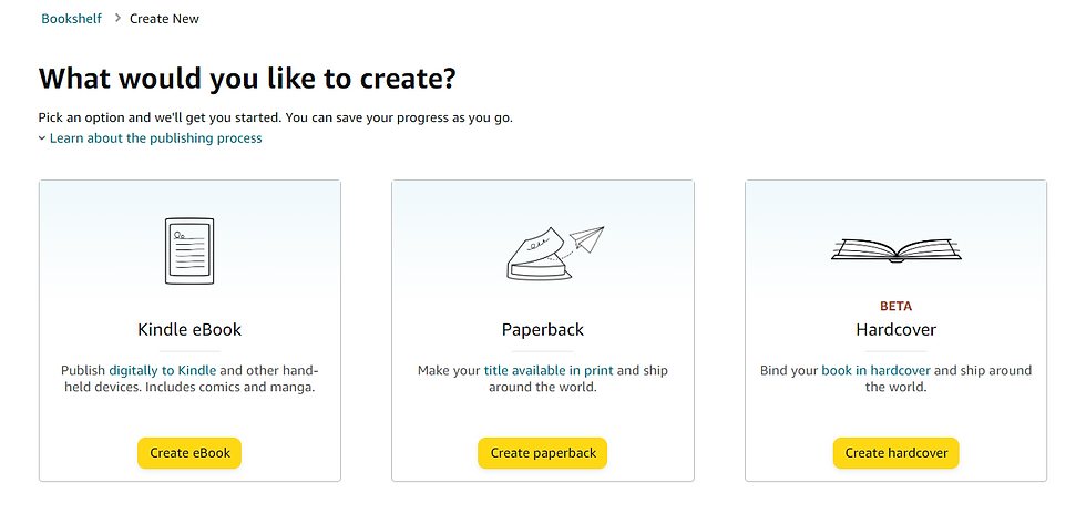 Kindle Direct Publishing - Selecting ebook, paperback or hardcover