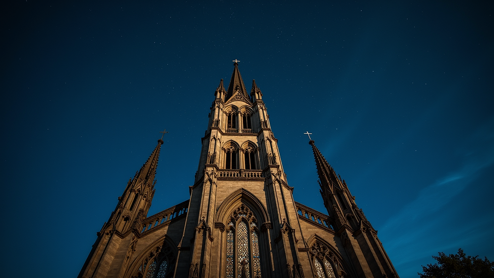Eye-level view of a towering gothic cathedral under a starry night sky