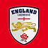 England lacrosse logo. White shield. Navy ENGLAND LACROSSE above England flag, gold lion & rose on red background
