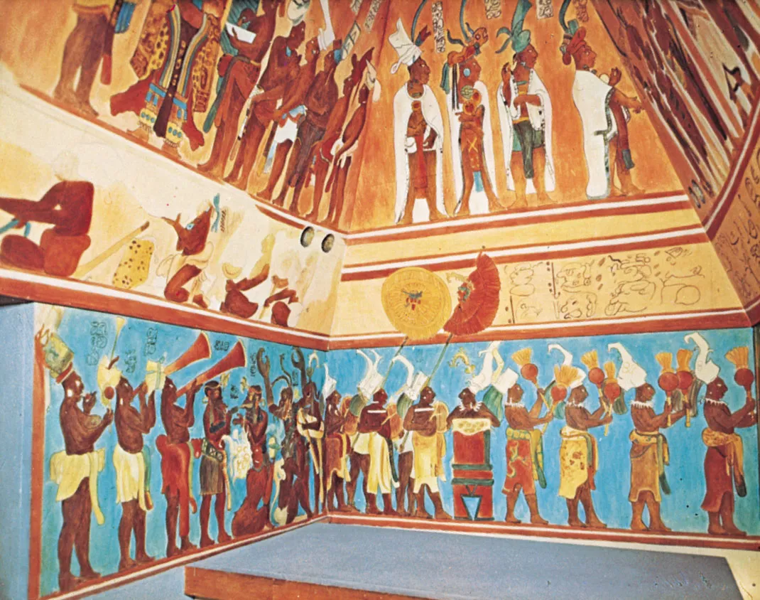 Mayan people decorated on a fresco within a building