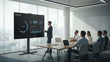 Grupo de personas en una sala de reuniones con una pantalla grande, en el evento Pizarra Digital en Guatemala.