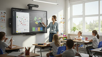 Un docente imparte clases a estudiantes en un aula con pizarra digital en Guatemala.