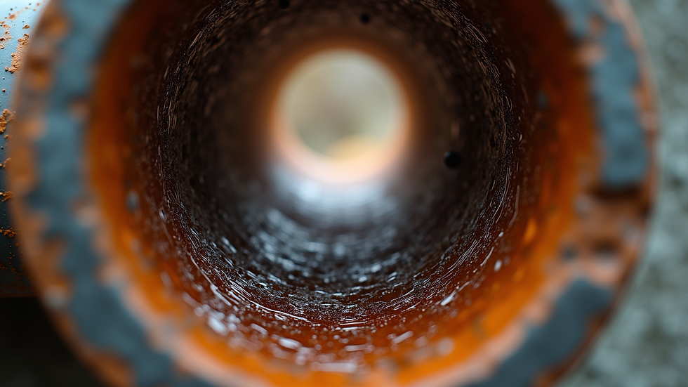 Close-up view of rust-coloured biofilm inside a water pipe