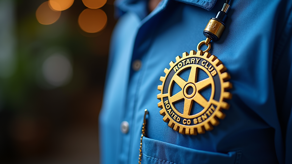 Close-up view of a volunteer badge with the Rotary Club logo